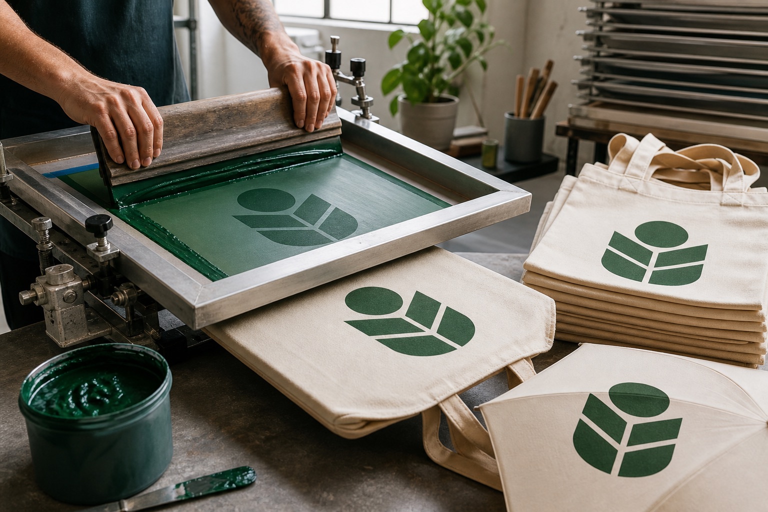 Bez çantaya serigrafi baskı uygulaması ve tamamlanmış promosyon çantaları