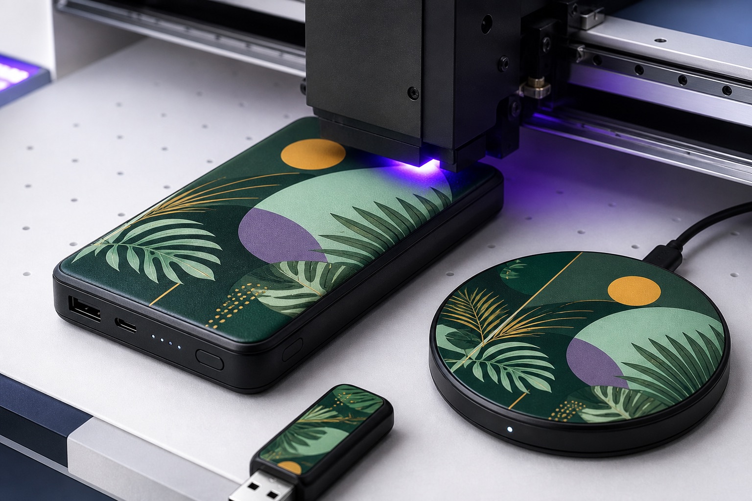 Powerbank üzerine UV baskı uygulaması ve renkli logolu teknoloji ürünleri