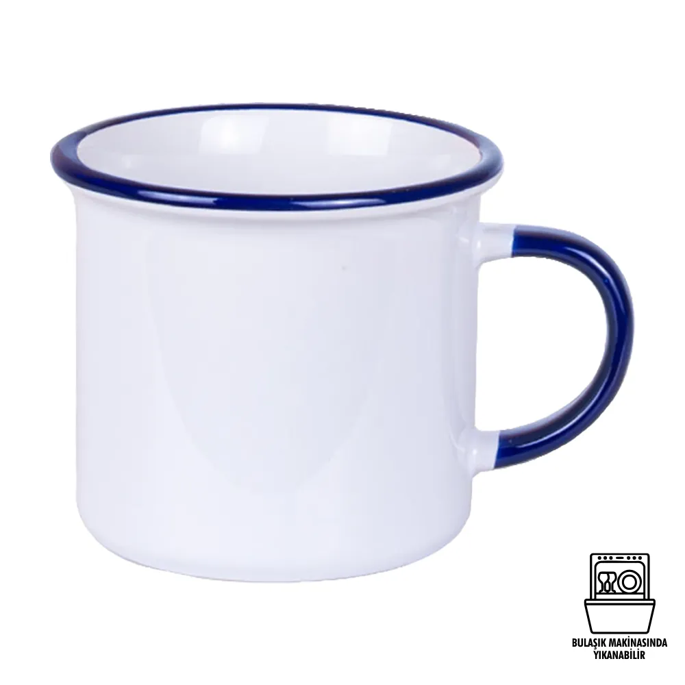 Süblimasyon Kulpu ve Ağız Çevresi Renkli Enamel Emaye Kupa - Kutulu Promozone