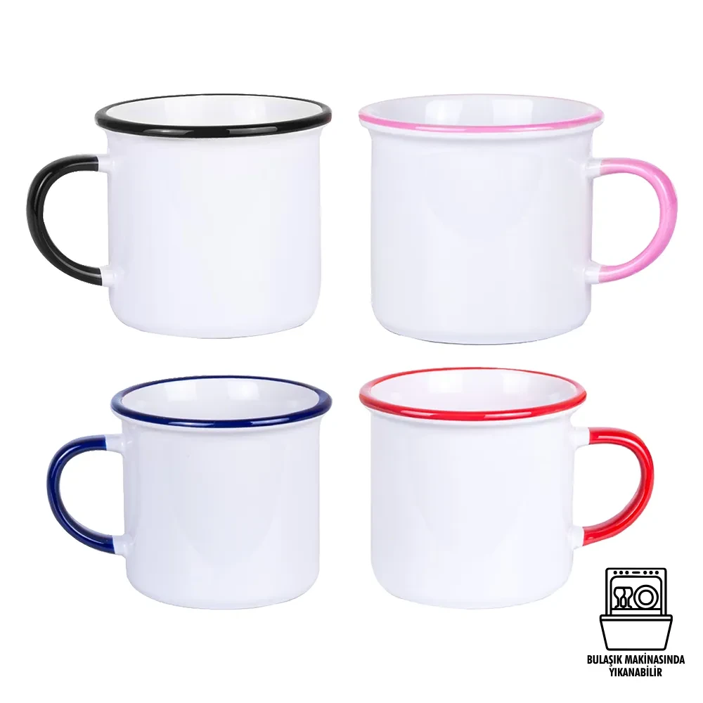 Süblimasyon Kulpu ve Ağız Çevresi Renkli Enamel Emaye Kupa - Kutulu Promozone