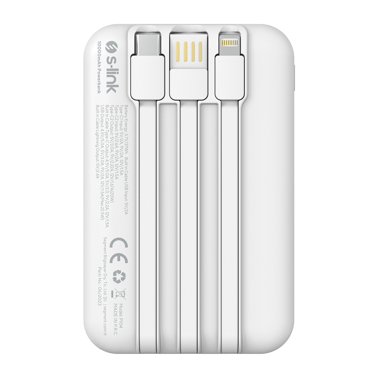 S-link P104 10000 mAh Dahili Kablolu HSC22.5W+PD20W Beyaz LCD Taşınabilir Pil Şarj Cihazı Powerbank Promozone