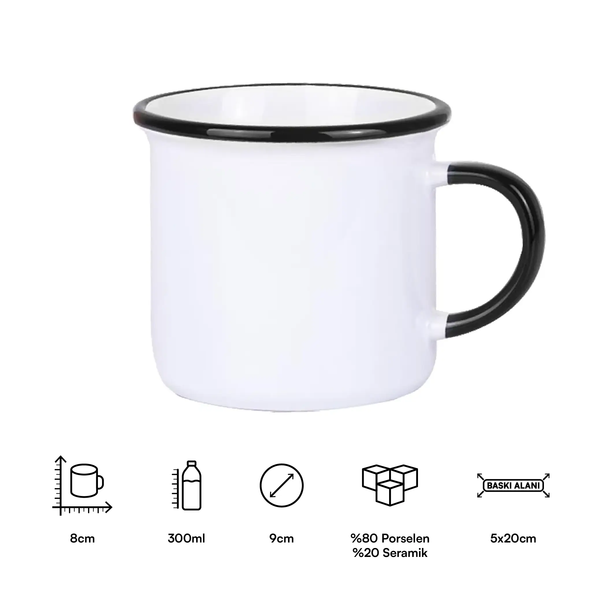 Süblimasyon Kulpu ve Ağız Çevresi Renkli Enamel Emaye Kupa - Kutulu