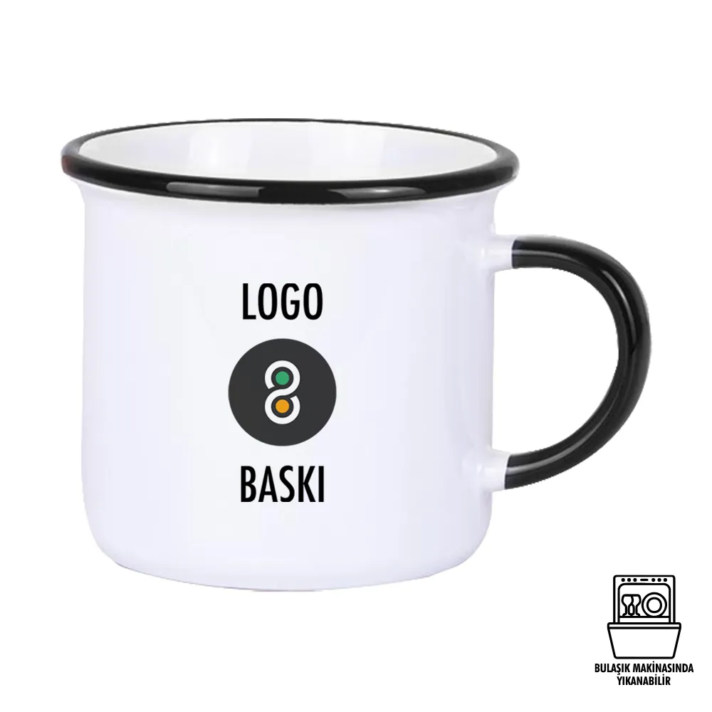 Süblimasyon Kulpu ve Ağız Çevresi Renkli Enamel Emaye Kupa - Kutulu Promozone