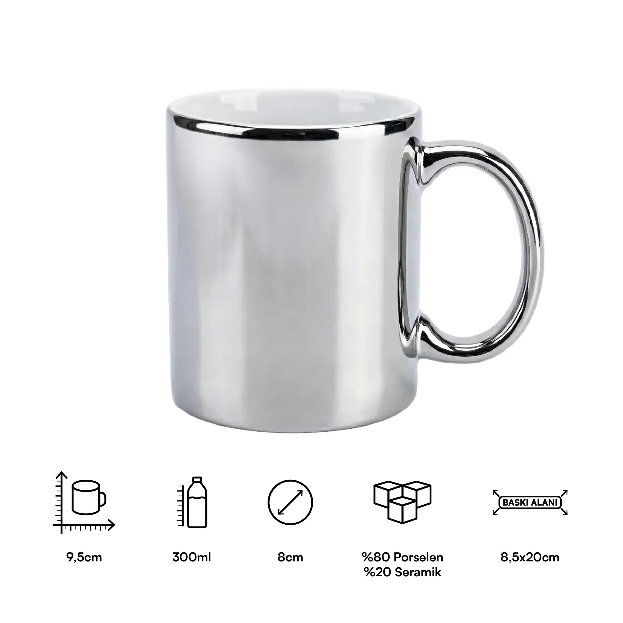 Sublimasyon Porselen Aynalı Gümüş Metalik Kupa Bardak