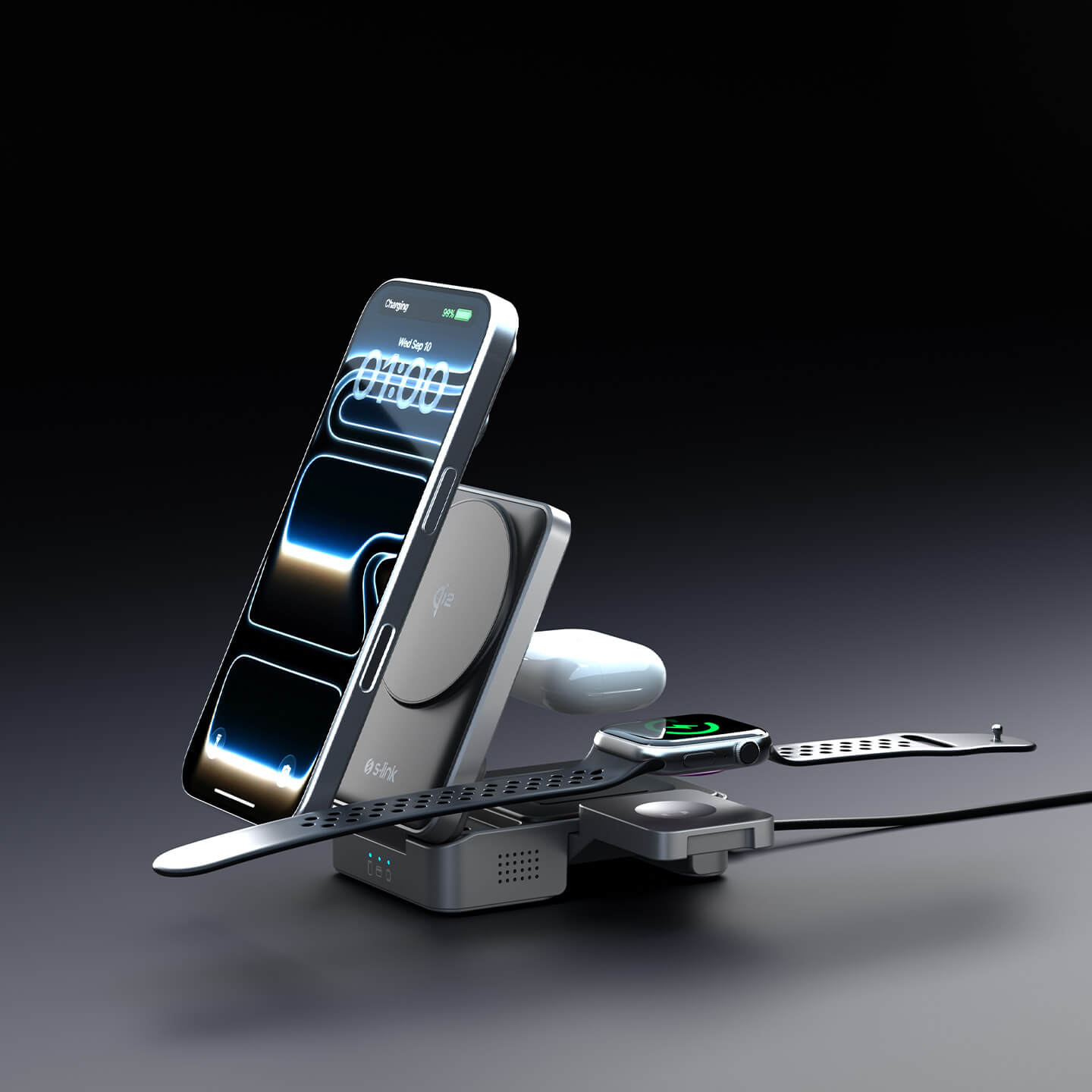 S-link SW-CWF116 Telefon Kulaklık Akıllı Saat 15W 3 in 1 Magsafe Qi2 Kablosuz Şarj Cihazı Promozone