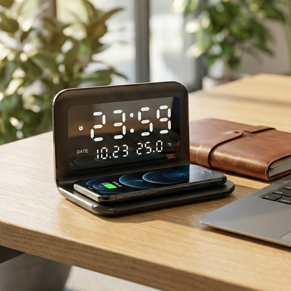 Masaüstü Kablosuz Şarj Ünitesi (15W, Saat, Alarm, Takvim ve Termometre Özellikli)