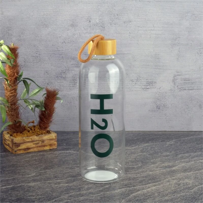 1000 ml H2O Bambu Kapaklı Borosilikat Cam Matara Promozone