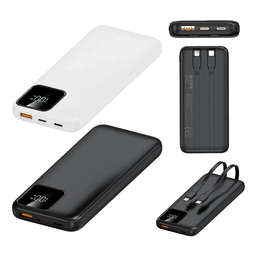 S-link IP-G16L 10000mAh PD20W Type-C+Lightning Dahili Kablolu  LCD Ekranlı Taşınabilir Pil Şarj Cihazı Powerbank Promozone
