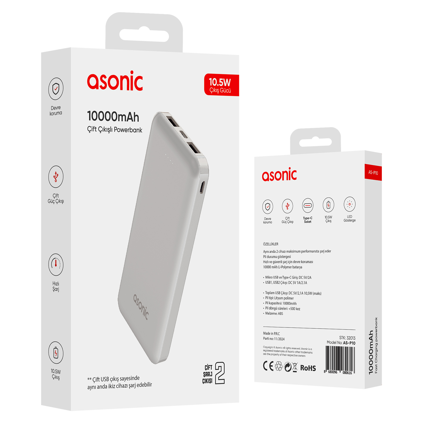 Asonic AS-P10 10000mAh Micro+Type-C+USB Taşınabilir Pil Şarj Cihazı Powerbank Promozone
