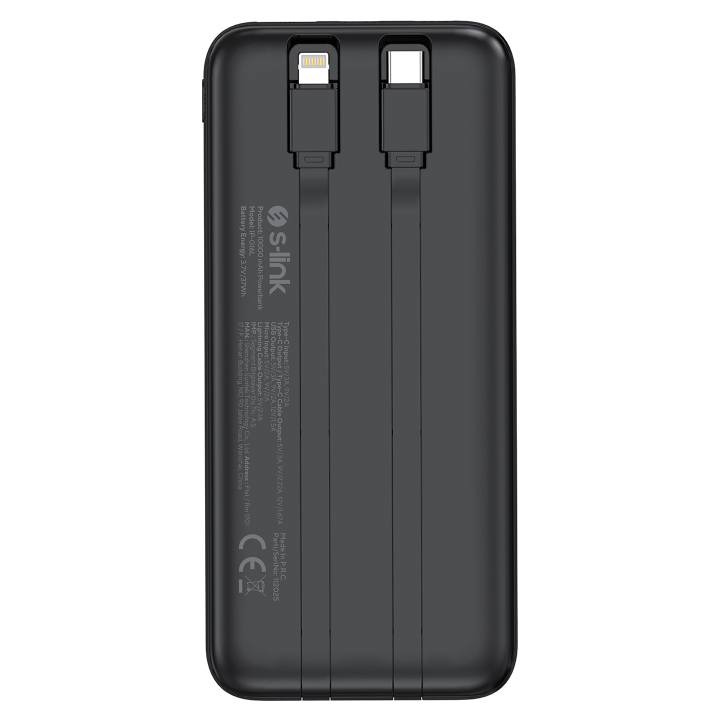 S-link IP-G16L 10000mAh PD20W Type-C+Lightning Dahili Kablolu  LCD Ekranlı Taşınabilir Pil Şarj Cihazı Powerbank Promozone