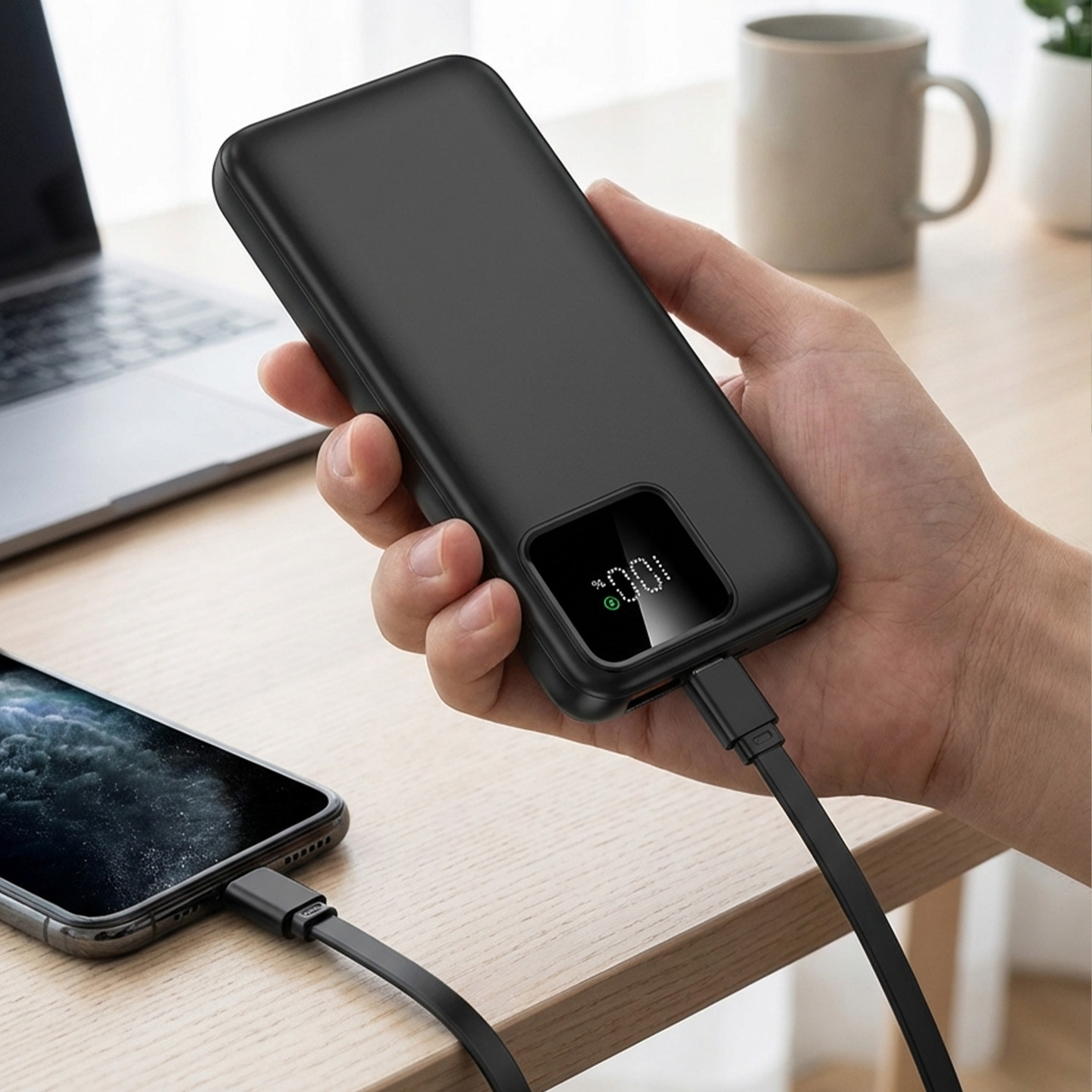 S-link IP-G16L 10000mAh PD20W Type-C+Lightning Dahili Kablolu  LCD Ekranlı Taşınabilir Pil Şarj Cihazı Powerbank Promozone