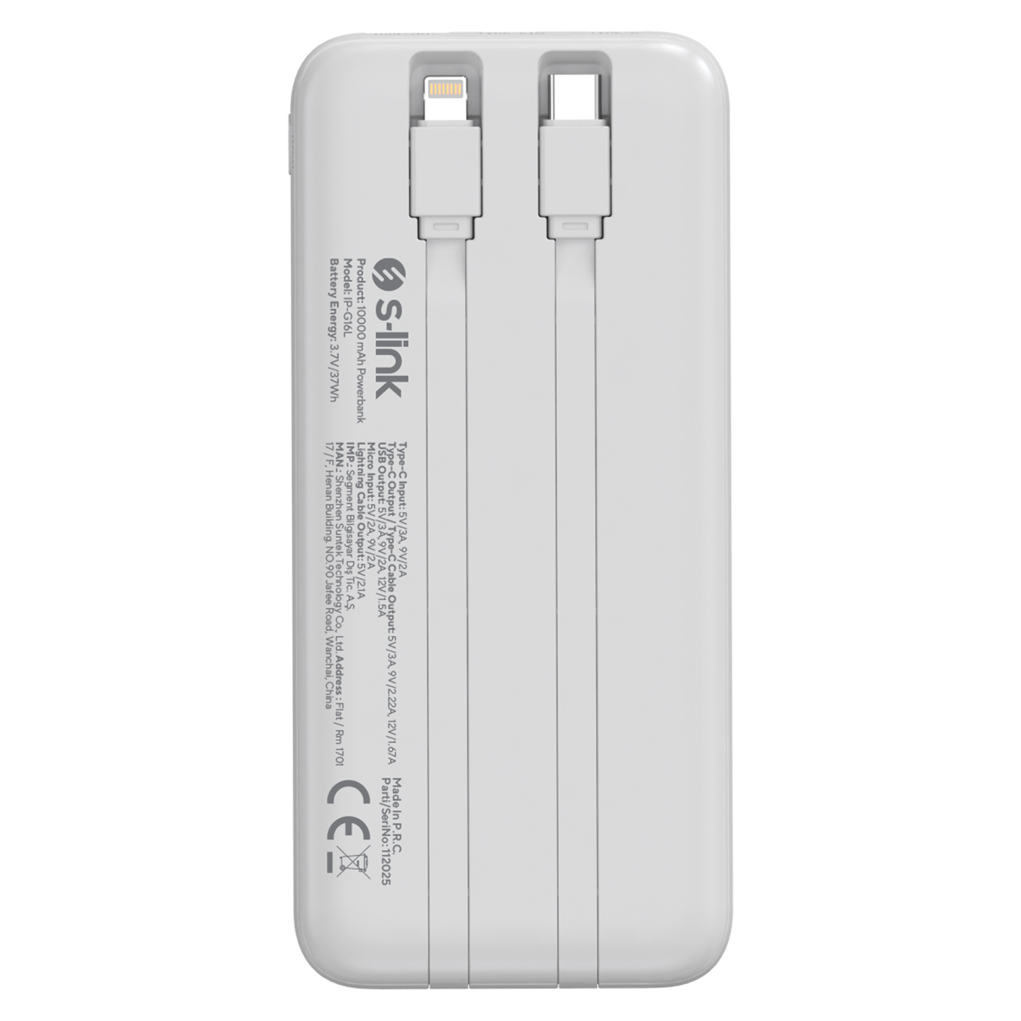 S-link IP-G16L 10000mAh PD20W Type-C+Lightning Dahili Kablolu  LCD Ekranlı Taşınabilir Pil Şarj Cihazı Powerbank Promozone