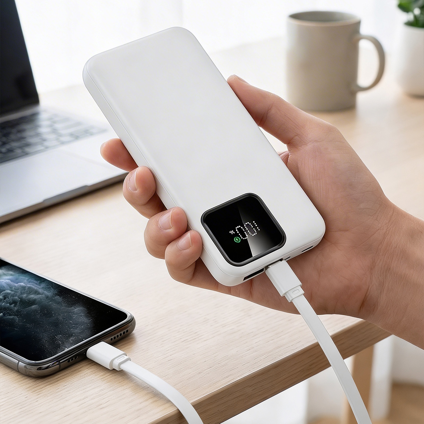 S-link IP-G16L 10000mAh PD20W Type-C+Lightning Dahili Kablolu  LCD Ekranlı Taşınabilir Pil Şarj Cihazı Powerbank Promozone