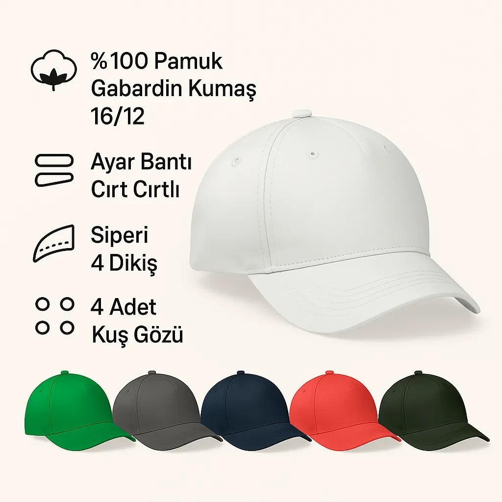 %100 Pamuk Gabardin Promosyon Şapka 16/12 – Cırt Cırtlı, Kuş Gözlü Promozone