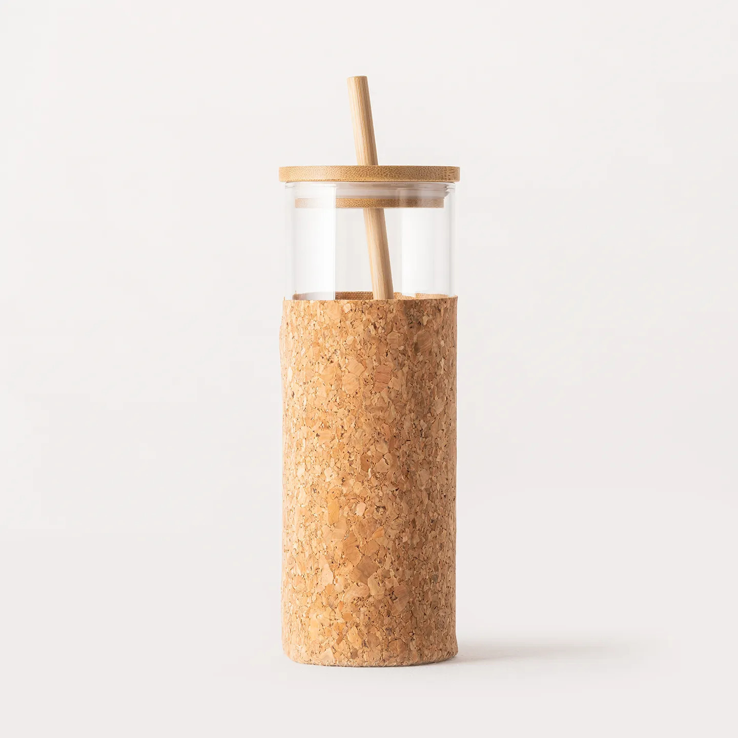 450 ml Mantar Kılıflı Borosilikat Cam Su Şişesi - Bambu Kapak ve Pipetli - Bambu