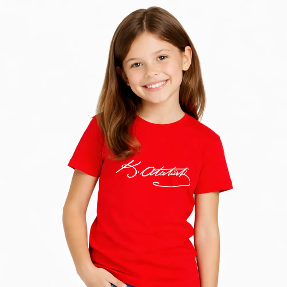Mustafa Kemal Atatürk İmzalı Kaliteli Sıfır Yaka Çocuk Tişört – 180 GSM %100 Pamuk 24/1 Süprem Kumaş Promozone