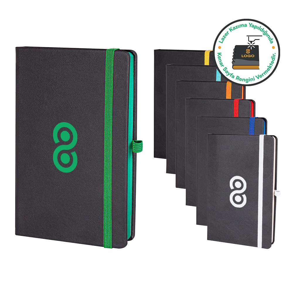 13 x 21 cm Termo Deri Kapaklı Lastikli Defter 224 Sayfa 70 gr Ivory Krem Çizgili Kenar Boyalı Lazer Kazımalı (Kenar Renk Efektli) Promozone