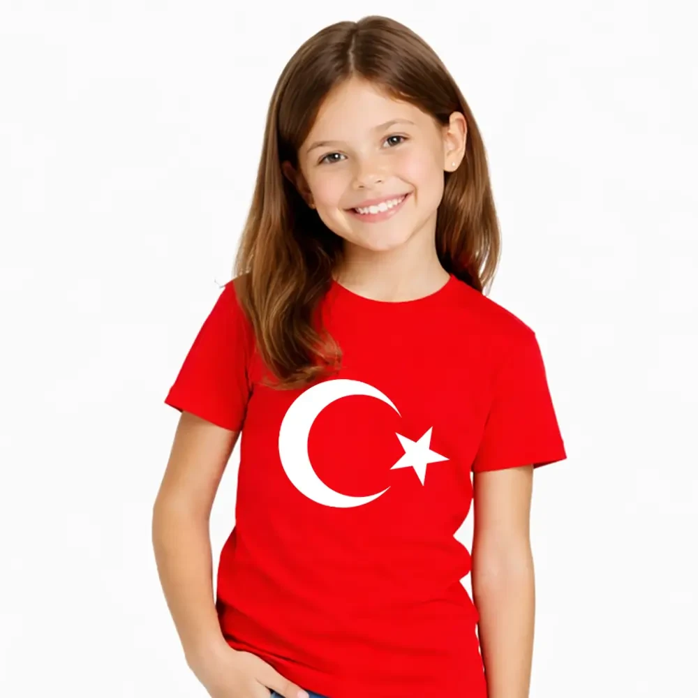 Ay Yıldız Baskılı Kaliteli Sıfır Yaka Çocuk Tişört – 180 GSM %100 Pamuk 24/1 Süprem Kumaş