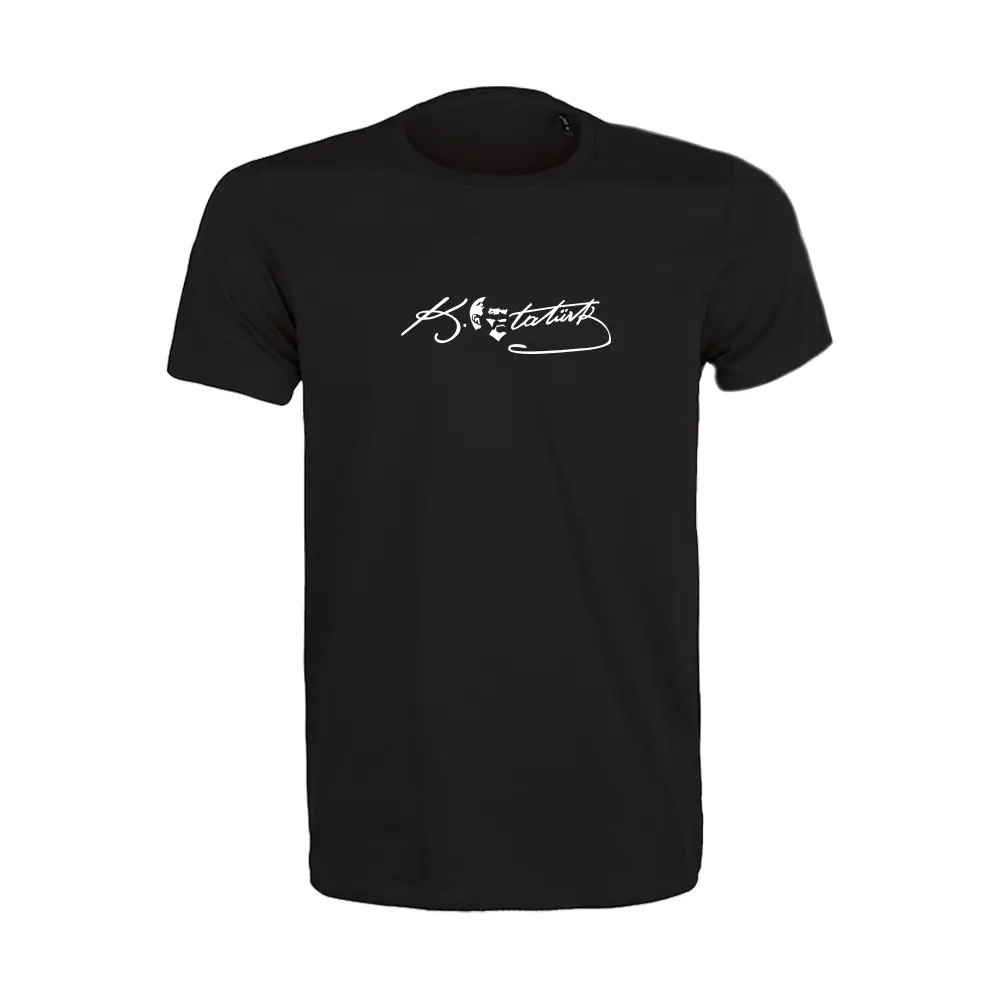 Mustafa Kemal Atatürk İmzalı Kaliteli Sıfır Yaka Yetişkin Tişört – 180 GSM %100 Pamuk 24/1 Süprem Kumaş