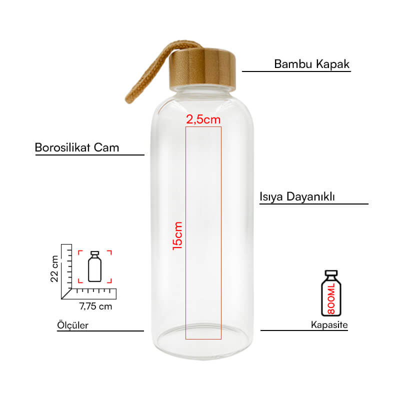 800 ml H2o Bambu Kapaklı Borosilikat Cam Matara Promozone