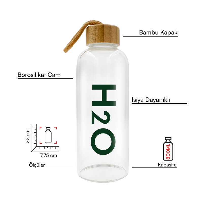800 ml H2o Bambu Kapaklı Borosilikat Cam Matara Promozone