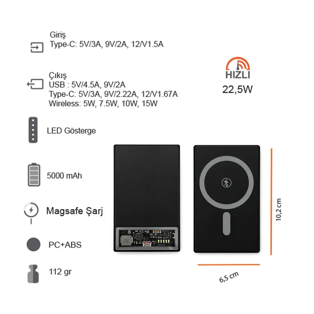 5000 mAh Wireless Mıknatıslı Magsafe Özellikli Powerbank Promozone