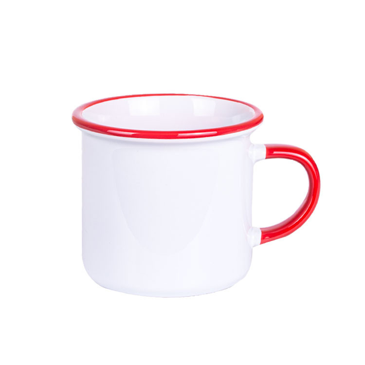 Süblimasyon Kulpu ve Ağız Çevresi Renkli Enamel Emaye Kupa - Kutulu - Kırmızı