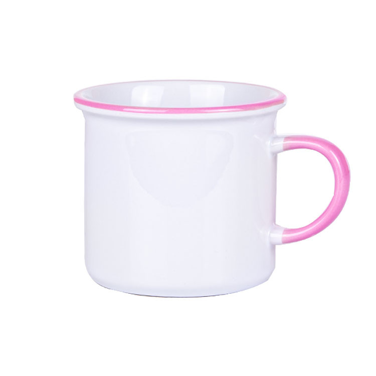 Süblimasyon Kulpu ve Ağız Çevresi Renkli Enamel Emaye Kupa - Kutulu - Pembe