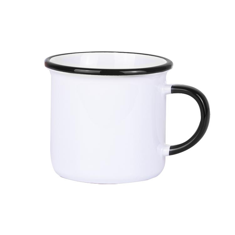 Süblimasyon Kulpu ve Ağız Çevresi Renkli Enamel Emaye Kupa - Kutulu - Siyah