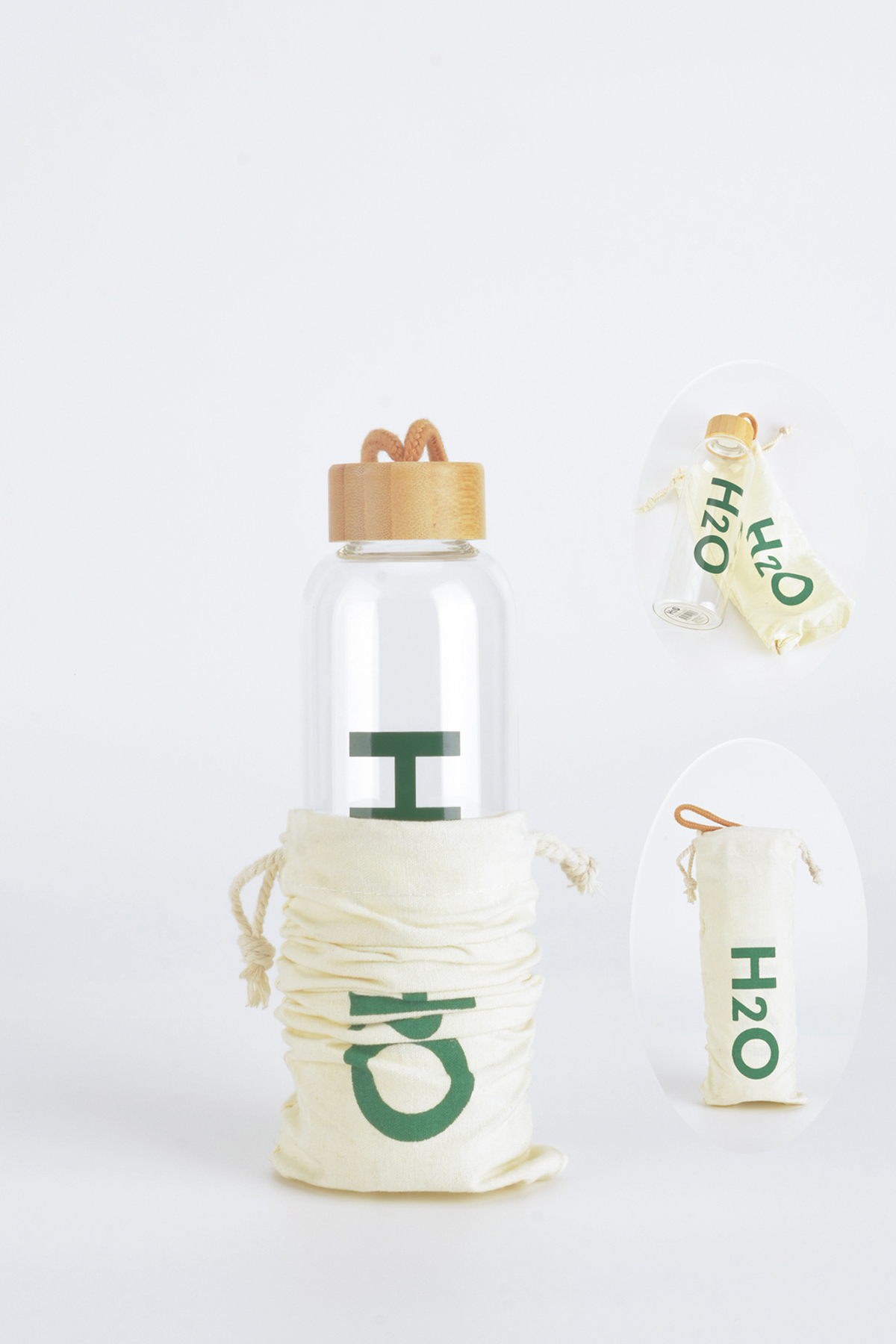 600 ml H2o Bambu Kapaklı Borosilikat Cam Matara Promozone