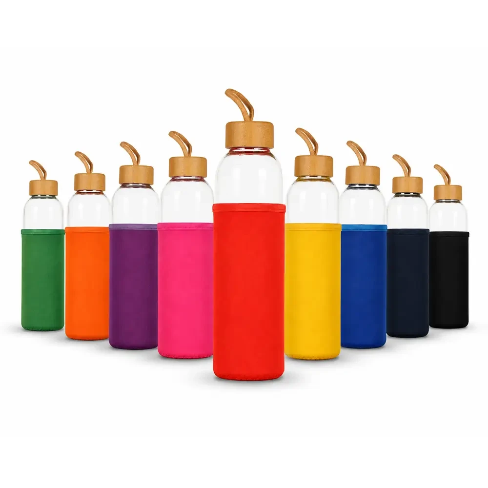 500ml Bambu Kapaklı ve Renkli Kılıflı Cam Su Şişesi Promozone