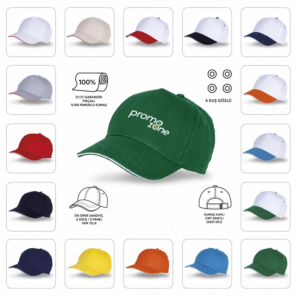 Sandviç Siper %100 Pamuk 21/21 Gabardin Kumaş Promosyon Şapka – 5 Panel Tam Tela Promozone