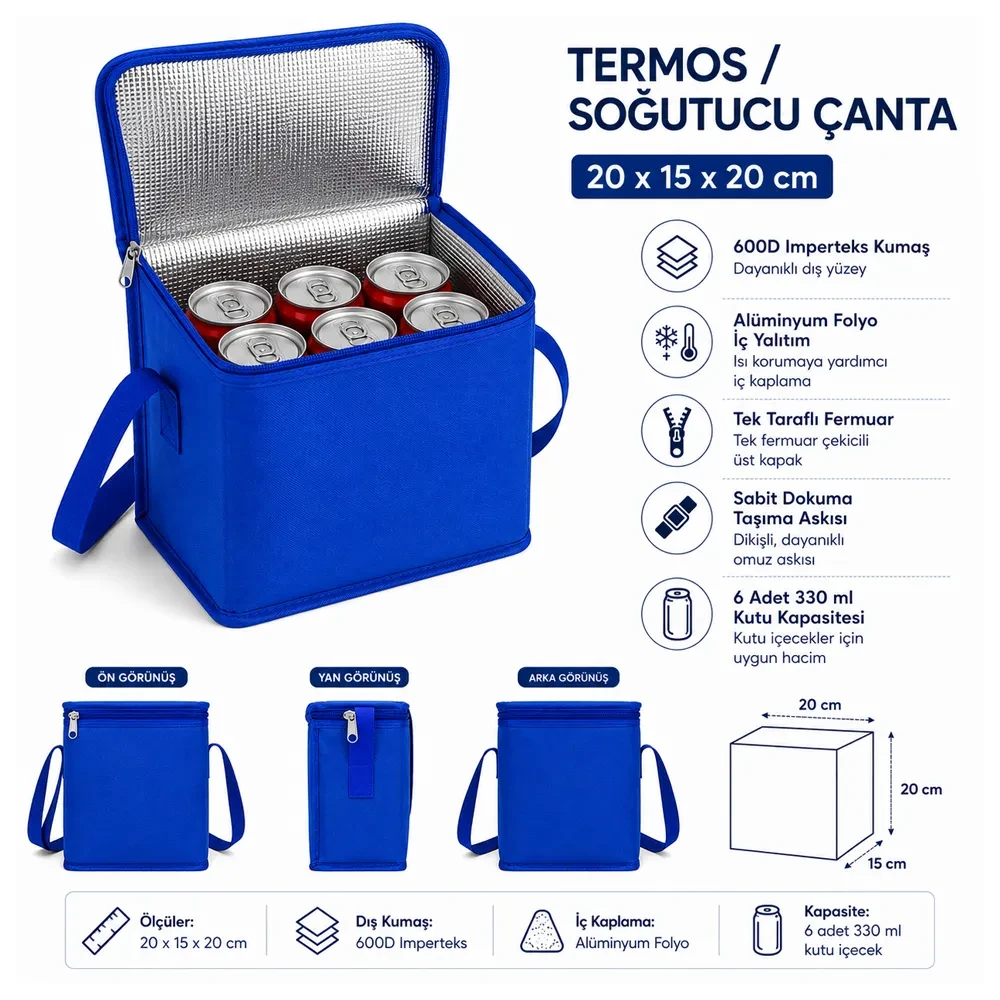 Termos Çanta 20x15x20 cm – 6 Kutu Kapasiteli 600D Imperteks Soğutucu Çanta - Özel Üretim Promozone