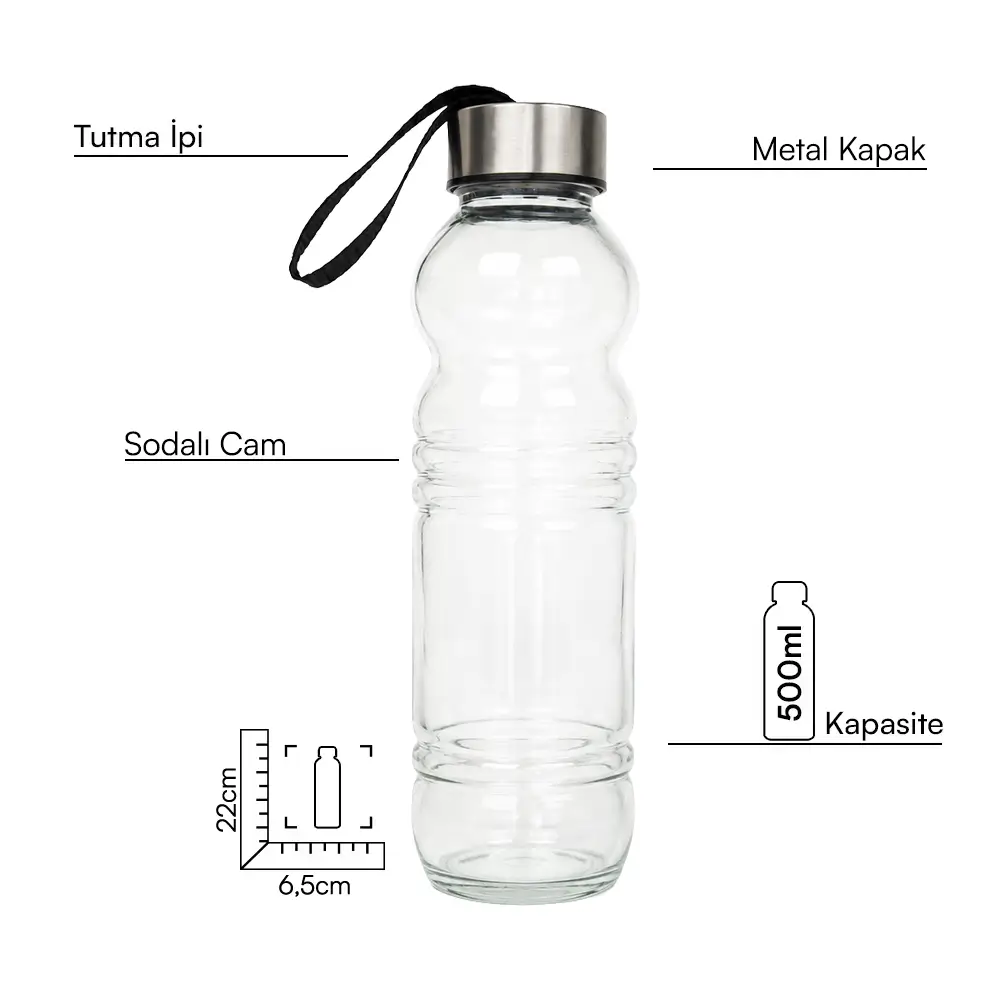 500 ml Metal Kapaklı Kılıfsız Bombeli Cam Su Şişesi