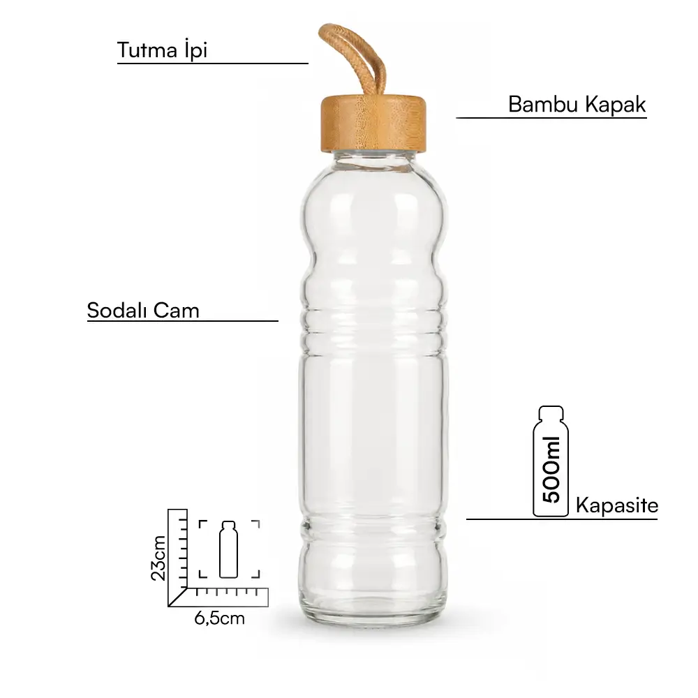 500 ml Bambu Kapaklı Kılıfsız Bombeli Cam Su Şişesi