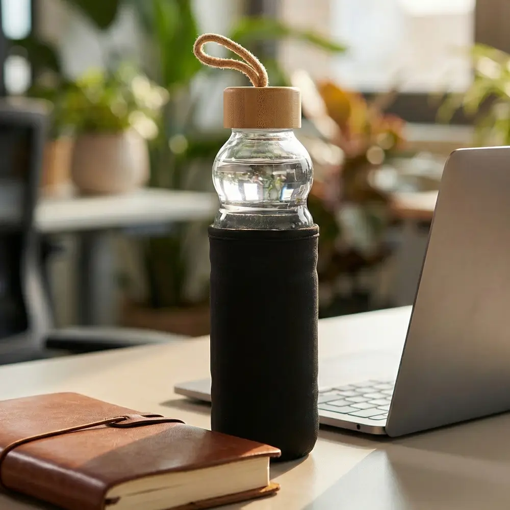 500ml Kılıflı Bambu Kapaklı Su Şişesi