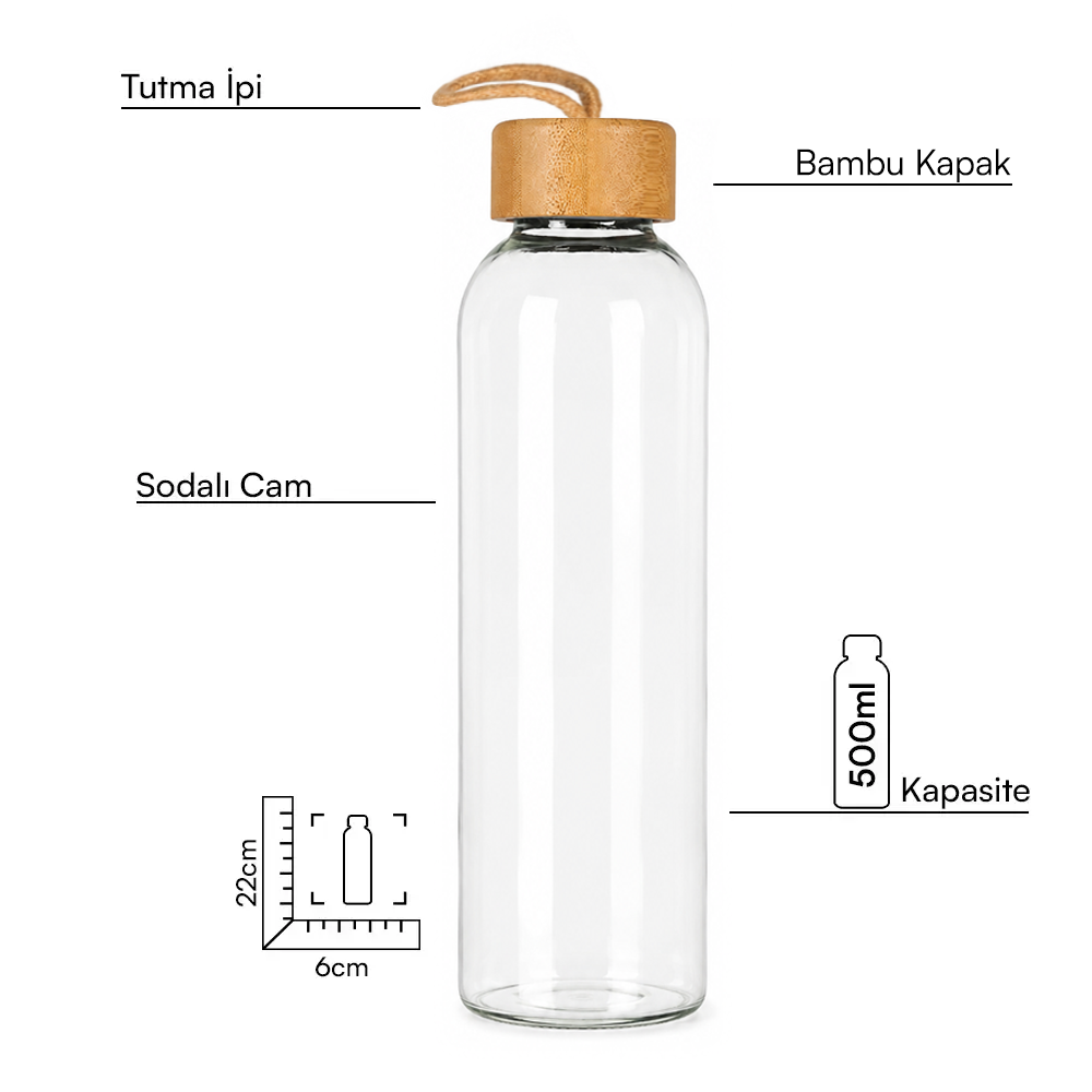 500ml Bambu Kapaklı ve Renkli Kılıflı Cam Su Şişesi Promozone