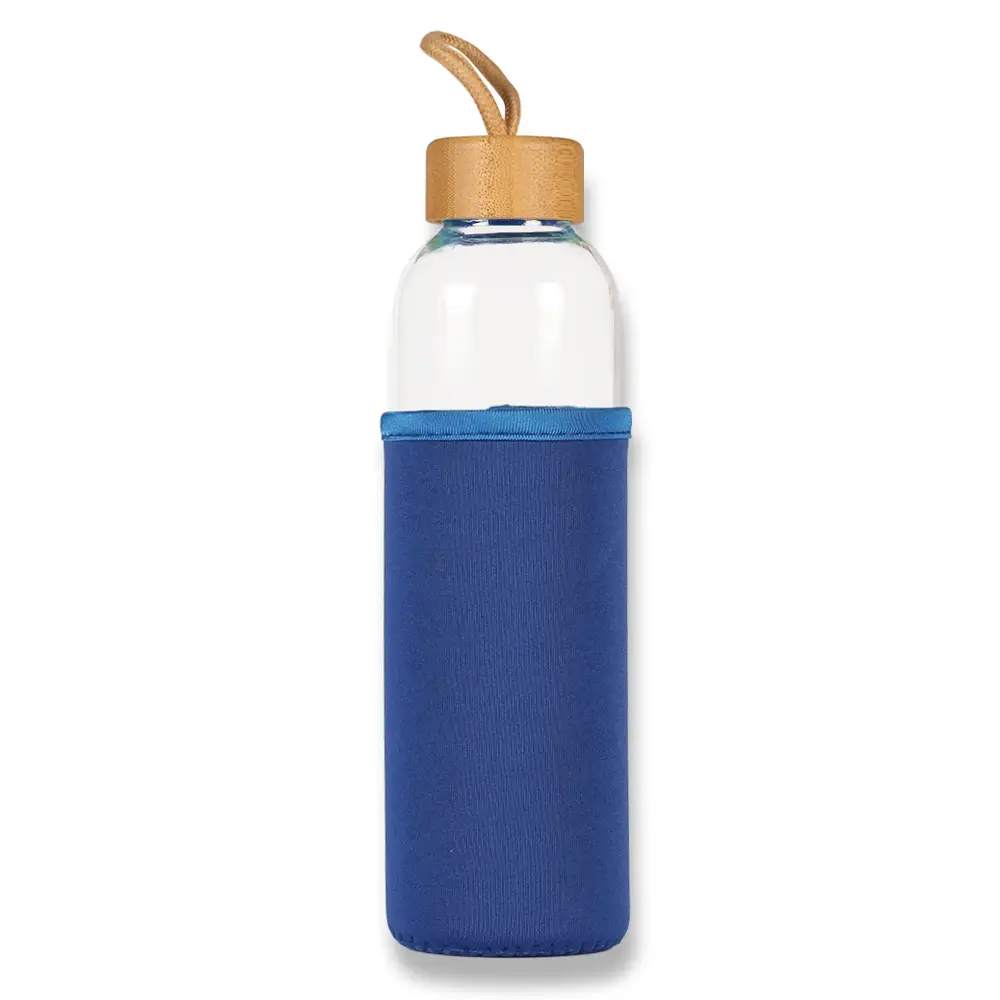500ml Bambu Kapaklı ve Renkli Kılıflı Cam Su Şişesi Promozone