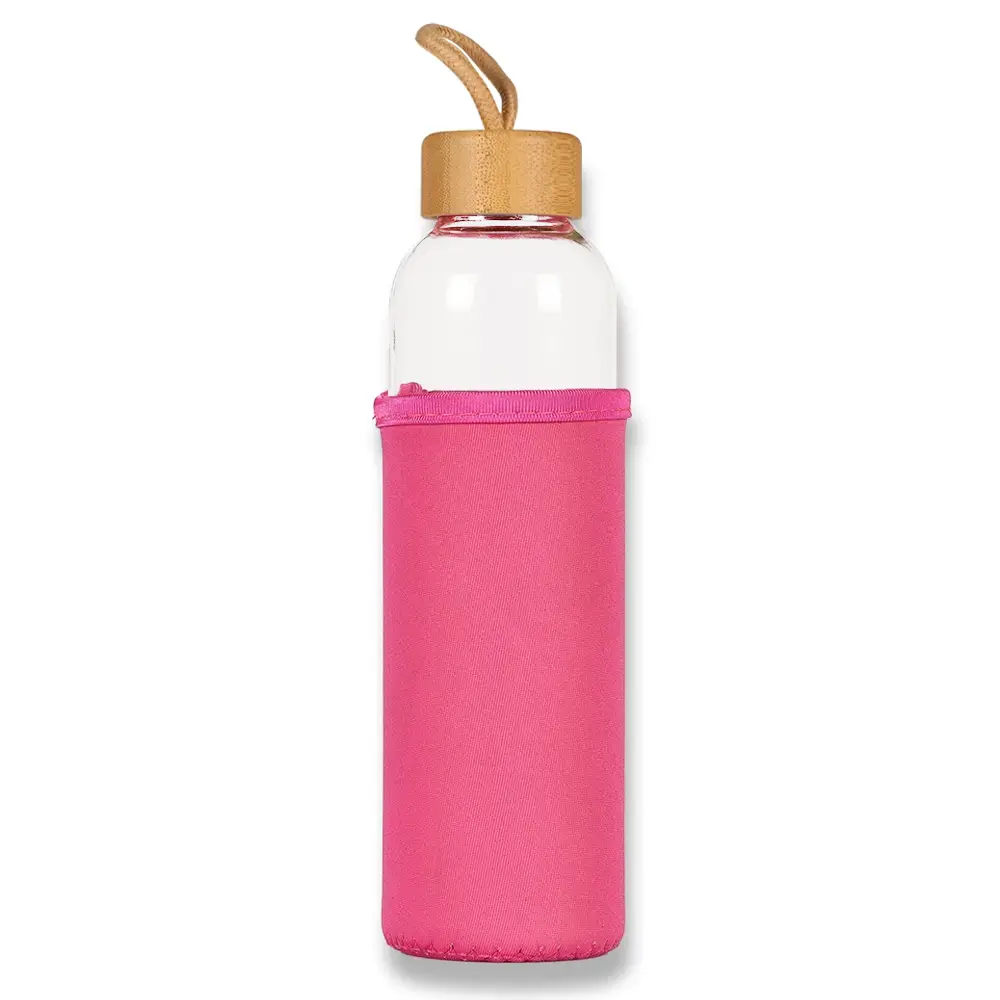 500ml Bambu Kapaklı ve Renkli Kılıflı Cam Su Şişesi Promozone