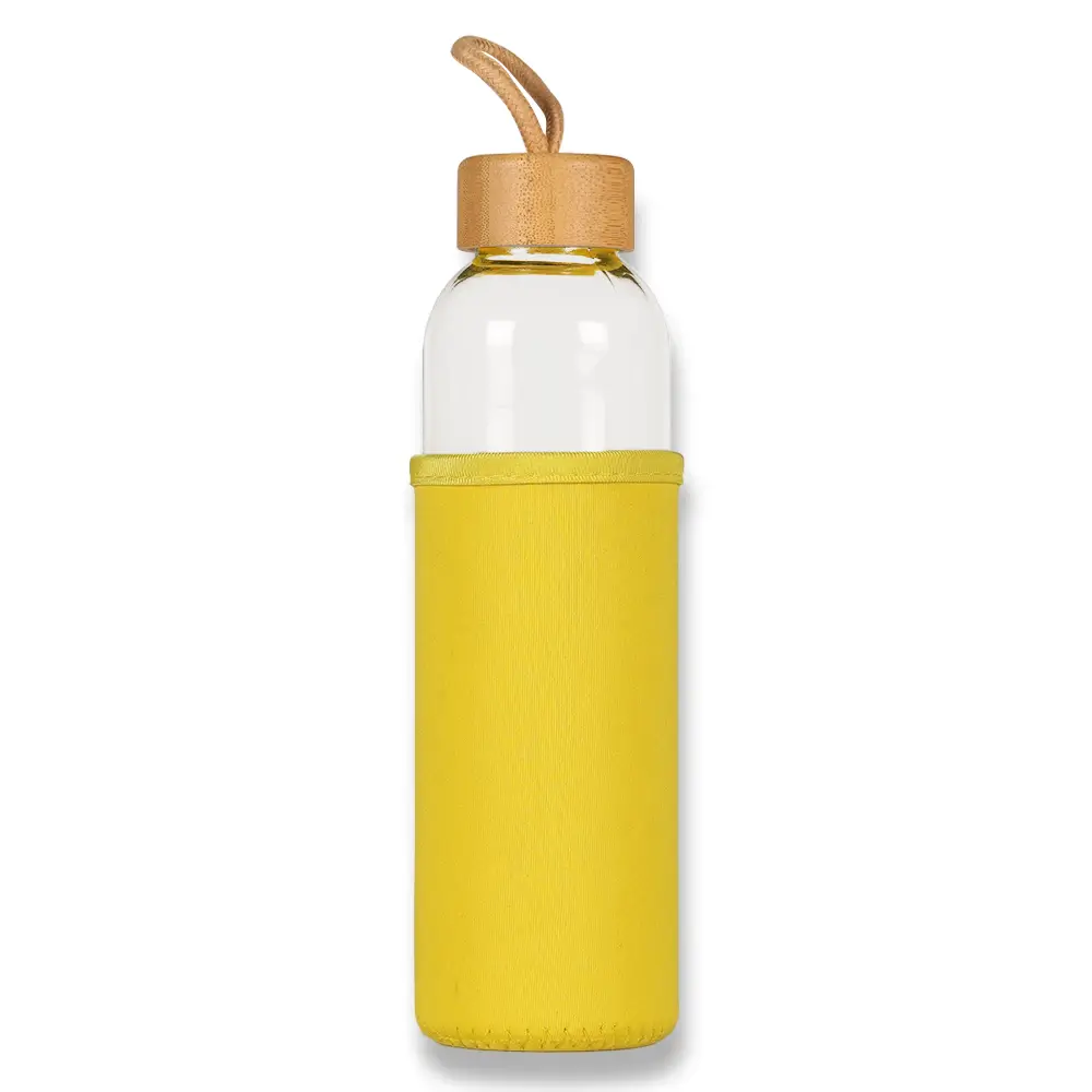 500ml Bambu Kapaklı ve Renkli Kılıflı Cam Su Şişesi Promozone