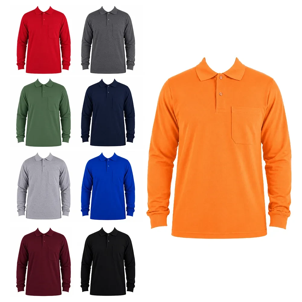 Open End Uzun Kollu Cepli Polo Yaka Promosyon Tişört – %80 Pamuk %20 Polyester