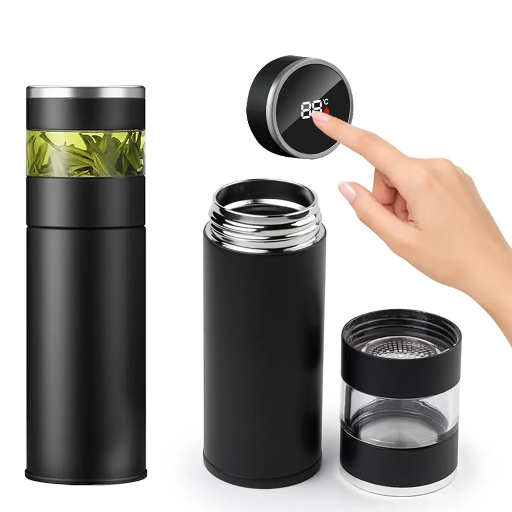 450 ml LED Sıcaklık Göstergeli Dereceli Cam Demlikli Paslanmaz Çelik Termos