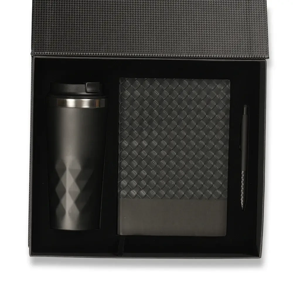 Touchpen Diamond Kalem, 14×21 Kenarları Boyalı Termo Deri Defter & 450 ml Termos Tipi Çelik Kupa Bardak Kutulu VIP Hediye Seti