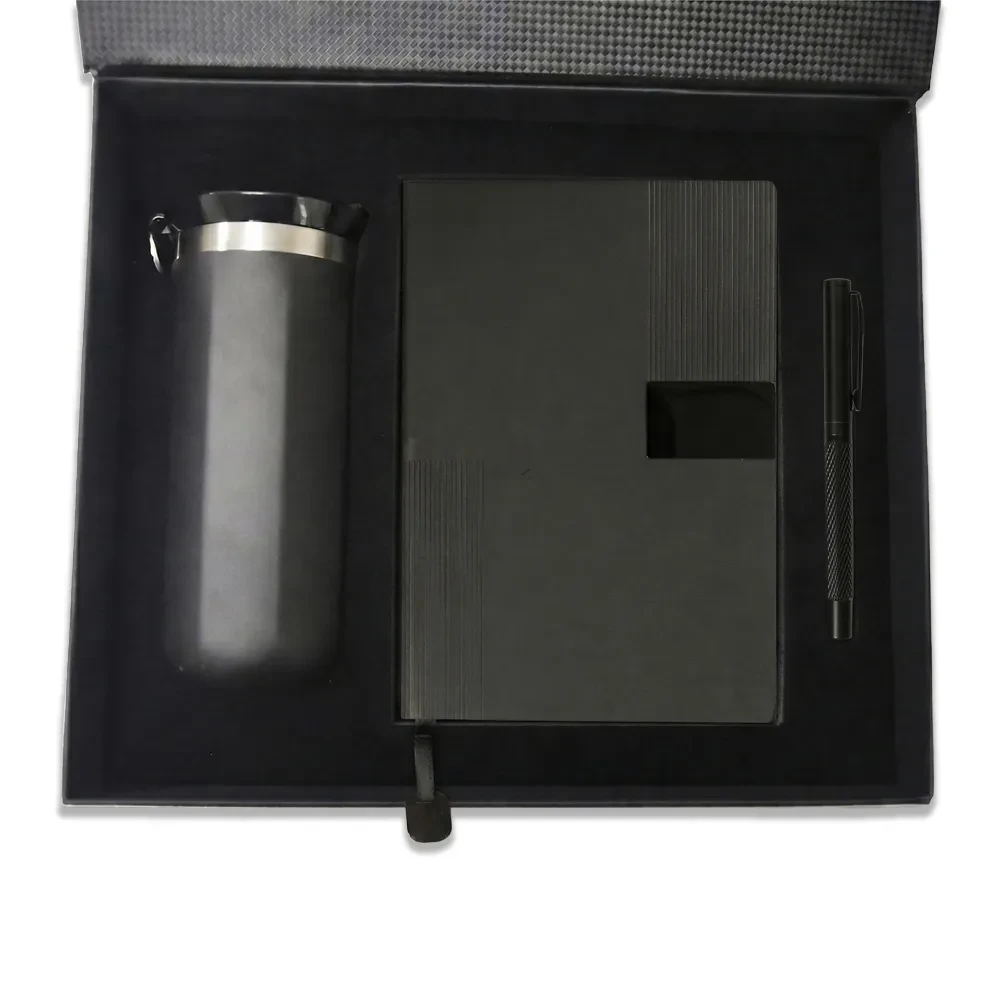 14×21 Termo Deri Defter, Kapaklı Metal Kalem & 450 ml Termos Bardak Kutulu VIP Hediye Seti
