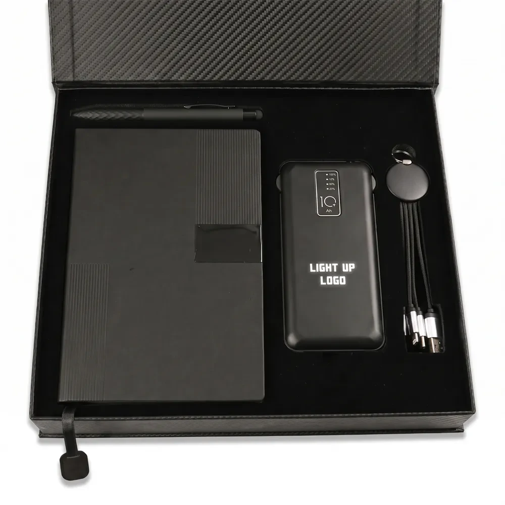 Wireless Işıklı Powerbank, Touchpen Diamond Kalem, Işıklı Şarj Kablosu & Termo Deri Sert Kapaklı Defter Kutulu VIP Hediye Seti