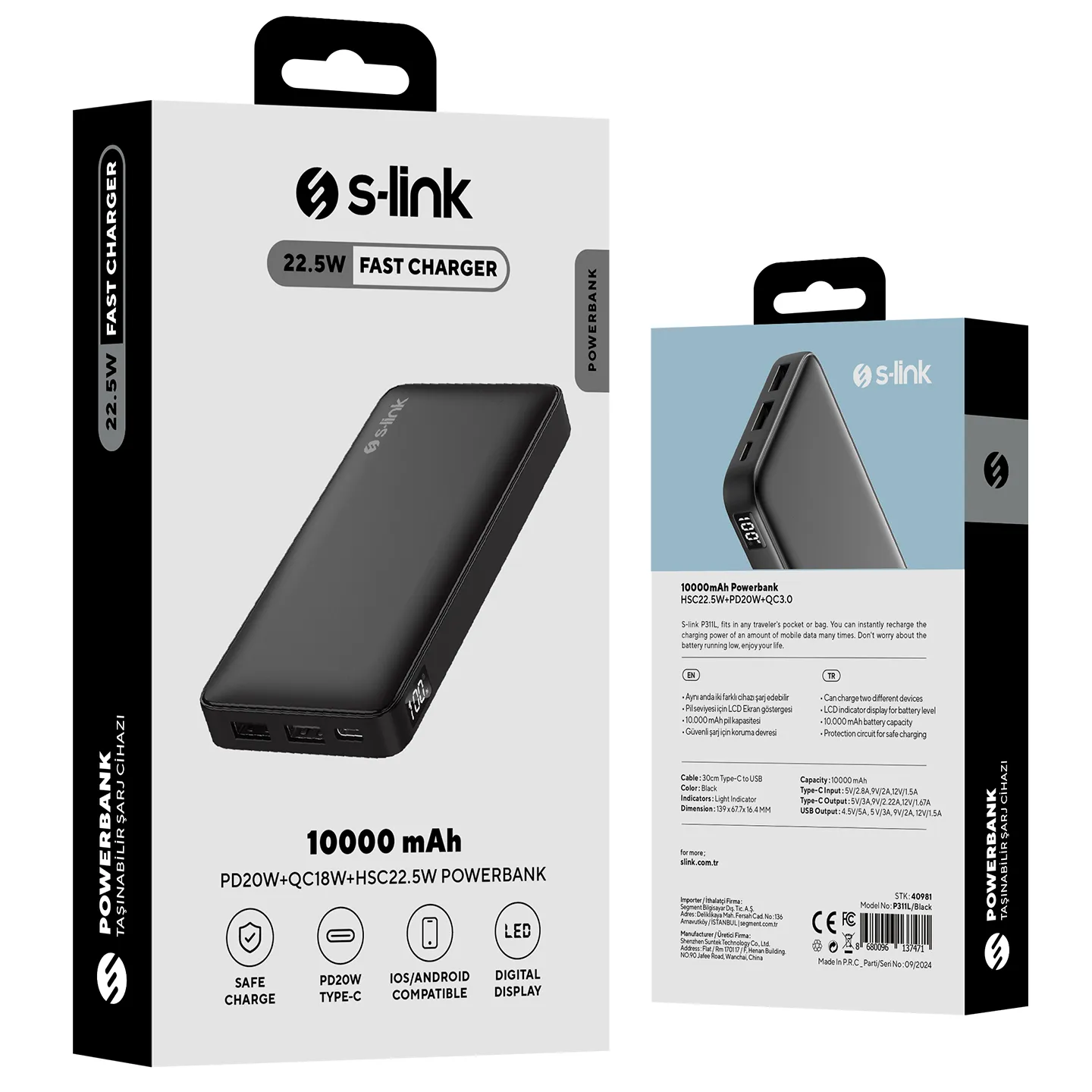 S-link P311L 10000mAh PRM LED Logo HSC22.5W+PD20W+QC3.0 Siyah LCD Taşınabilir Pil Şarj Cihazı Powerbank Promozone