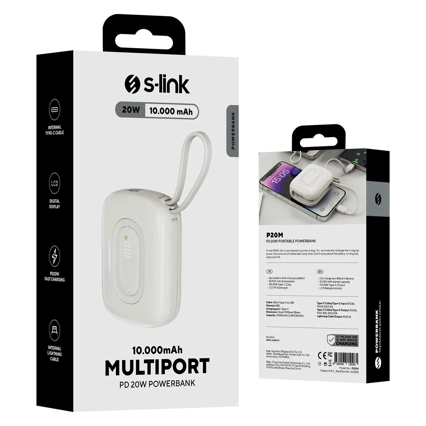 S-link P20M 10000mAh PD20W Type-C Kablolu LCD Taşınabilir Pil Şarj Cihazı Powerbank Promozone