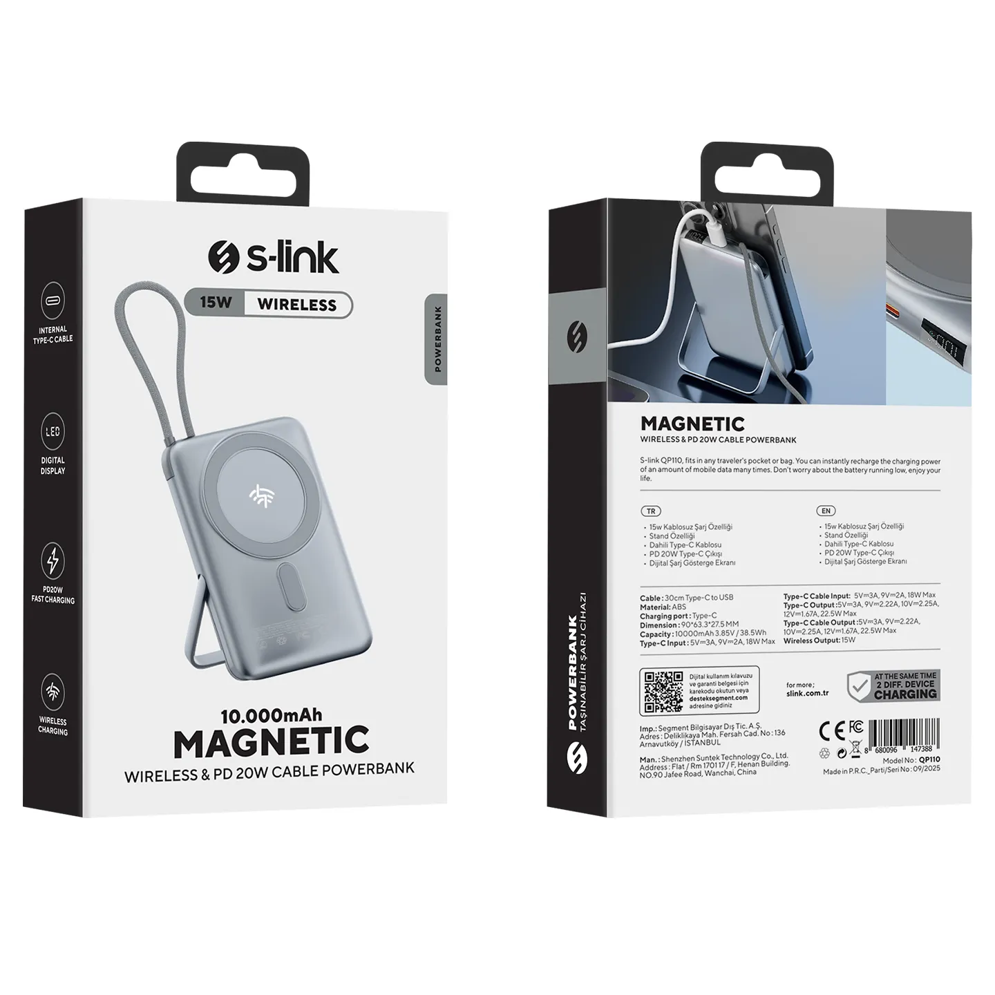 S-link QP110 10000mAh Magsafe 15W QI2 PD22.5W Gri LCD Taşınabilir Pil Şarj Cihazı Powerbank Promozone