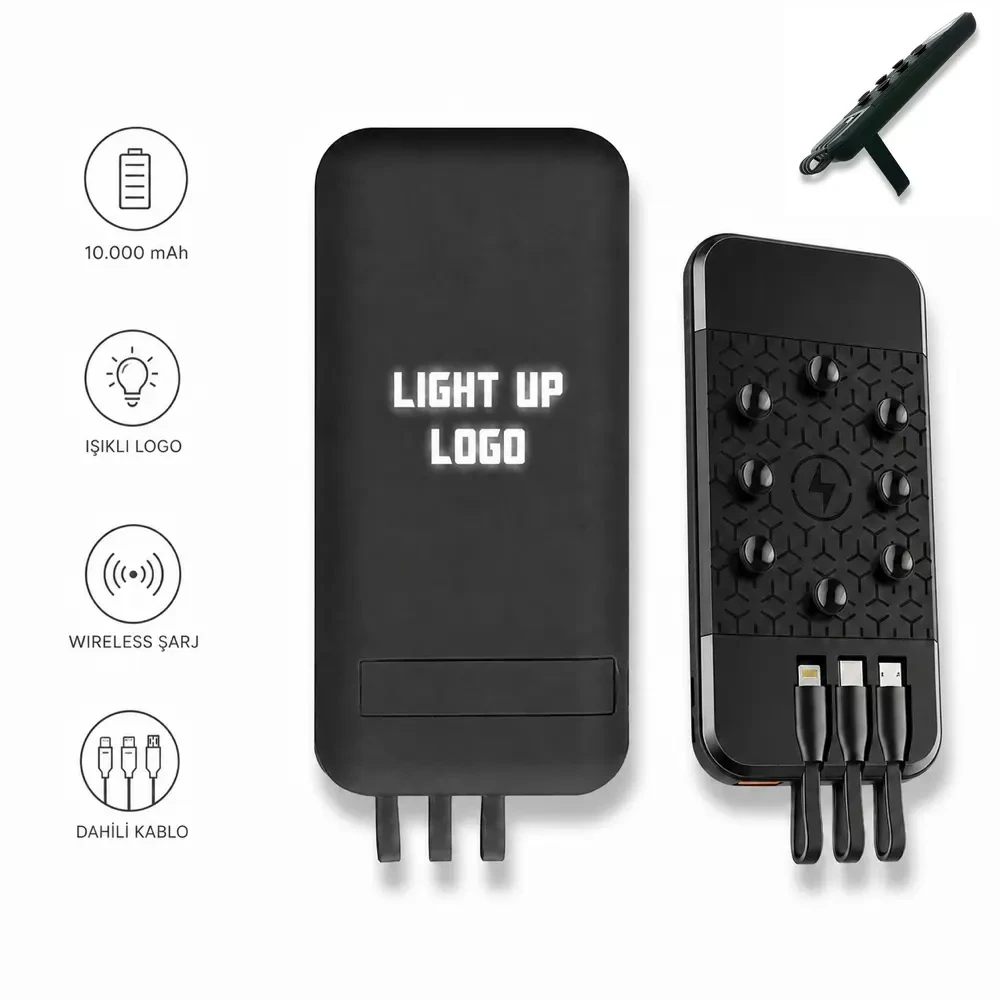 10000 mAh Dahili Kablolu Wireless Işıklı Logolu Powerbank  Şarj Cihazı