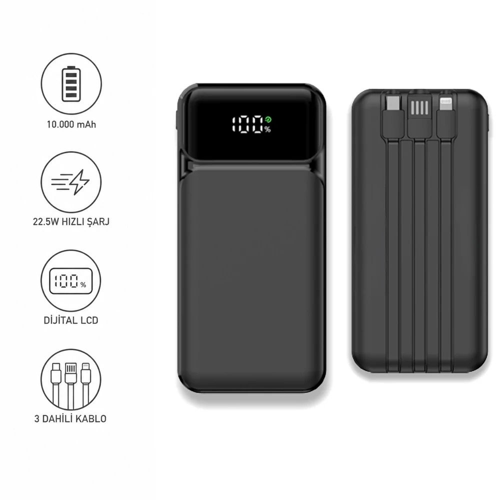 10.000 mAh Dahili Kablolu 22.5W Hızlı Şarj Destekli Powerbank